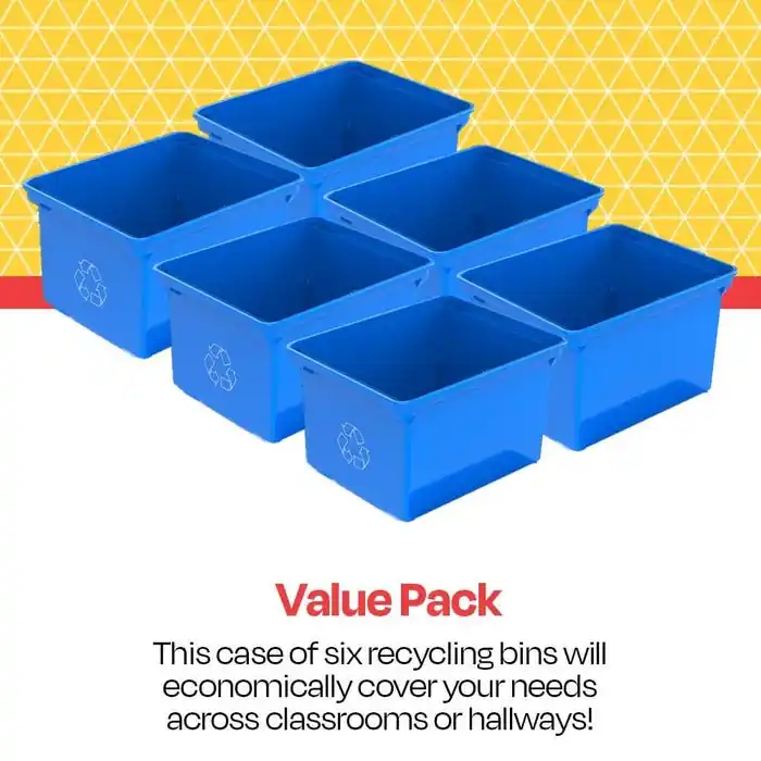 Premium School Smart Recycle Bin, 9 Gallon, Blue, Case of 6